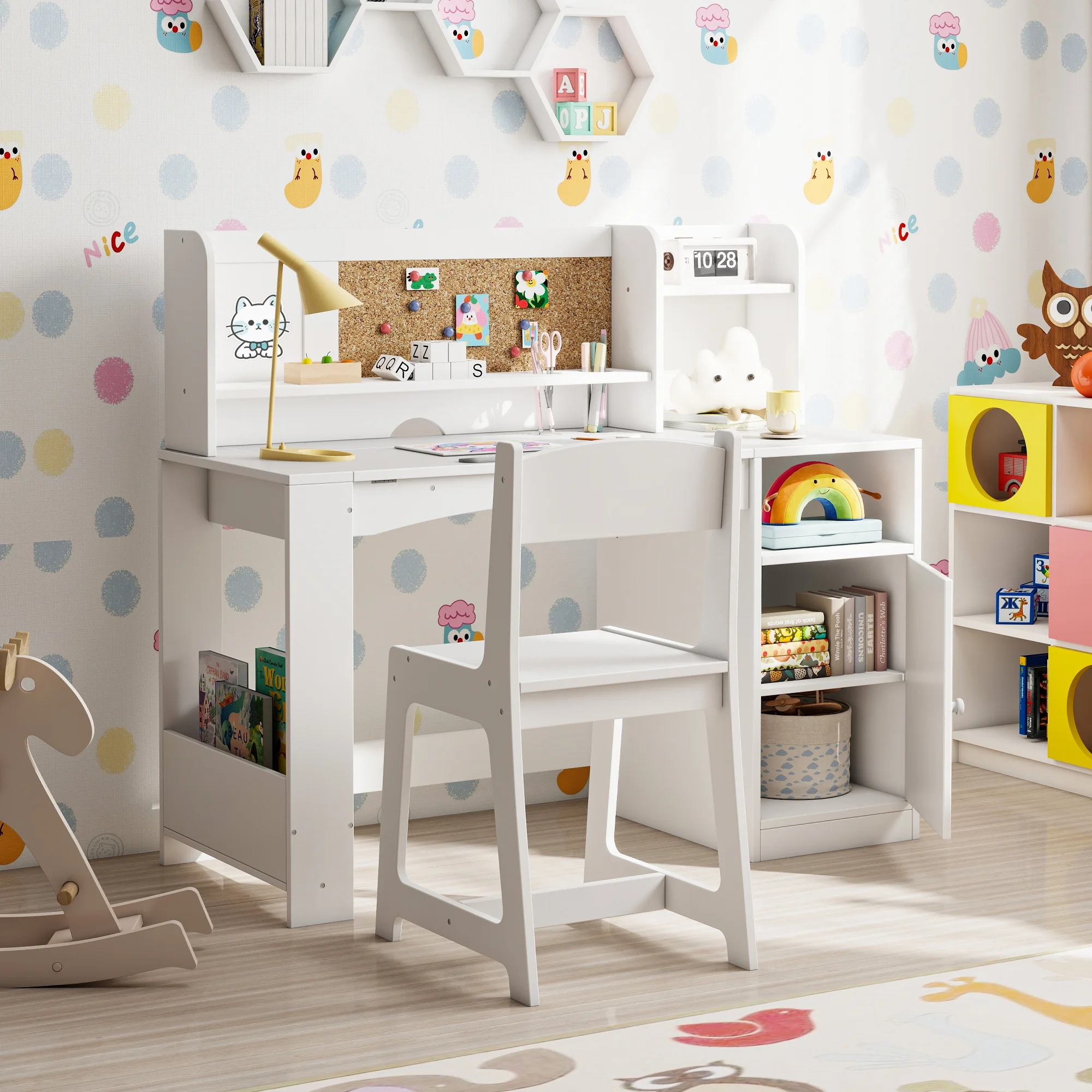 Reasea Kids Study Desk and Chair Set with Tiltable Desktop, Hutch & Storage - Wooden Writing Table for Ages 5-12,White