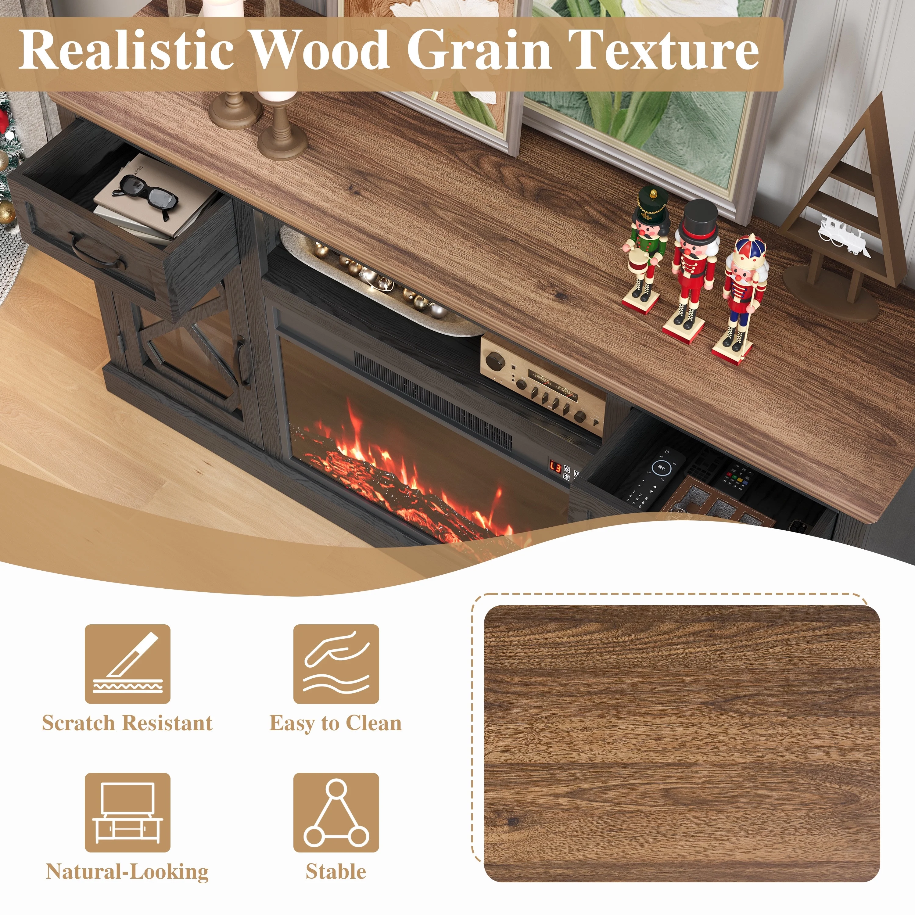 PAPROOS Fireplace TV Stand for 65 Inch TV, Modern Farmhouse TV Cabinet with 23'' Electric Fireplace, Entertainment Center Television Console Table for Living Room, Black+Brown