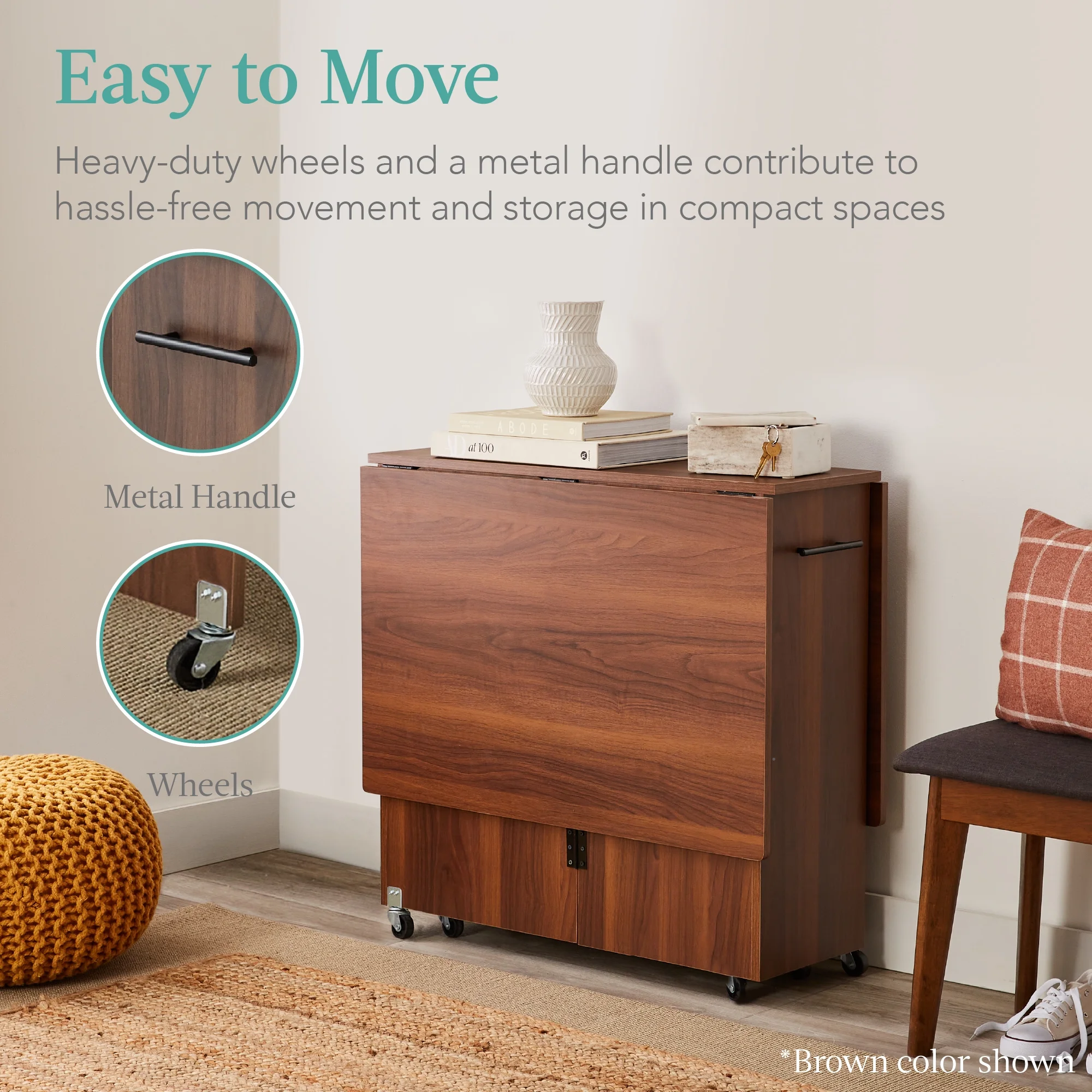 Best Choice Products Multipurpose Folding Table w/ Wheels, 3 Storage Shelves, Cubby, Handle - Brown