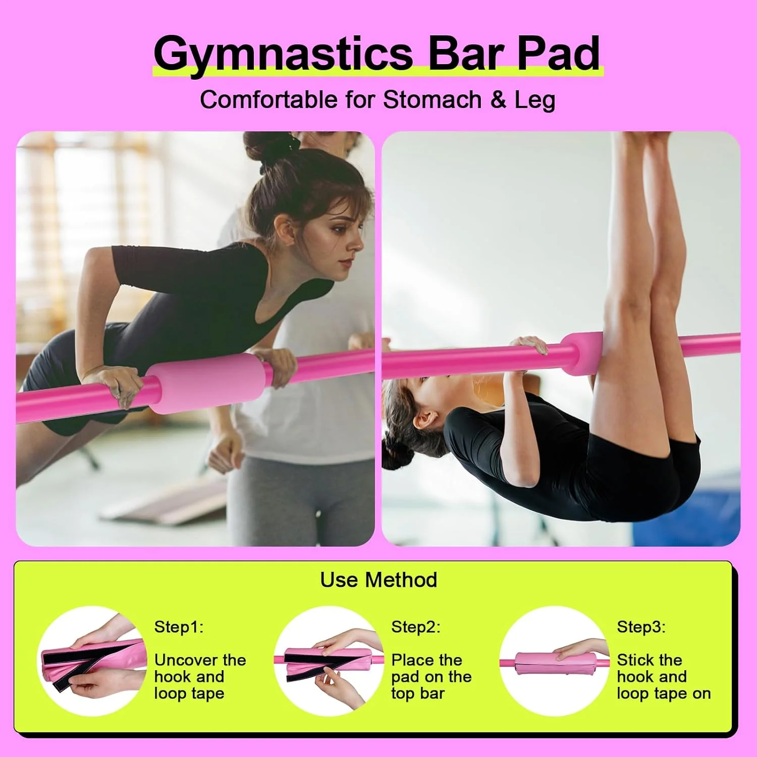 Safly Fun Gymnastics Bar with Mat for Kids, Height Adjustable Junior Training Bar Mat for Home, Folding Gymnastic Horizontal Bars Equipment (Pink+Mat)