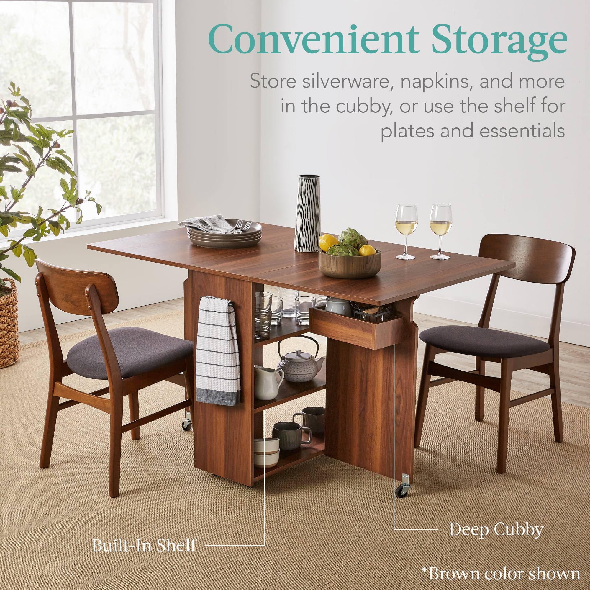 Best Choice Products Multipurpose Folding Table w/ Wheels, 3 Storage Shelves, Cubby, Handle - Brown