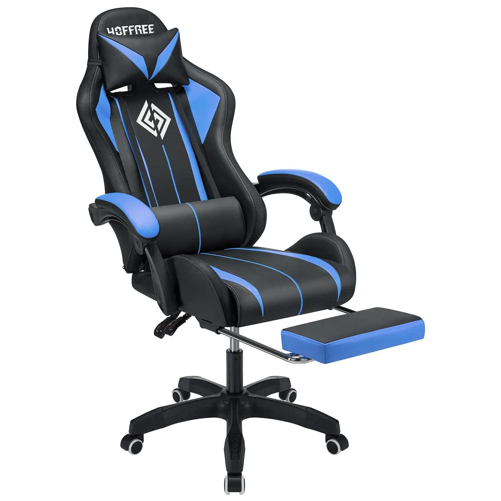 RGB Gaming Chair with Speakers Massage Computer Gaming Chair with LED Lights and Footrest High Back Video Game Chair for Adults Blue and Black