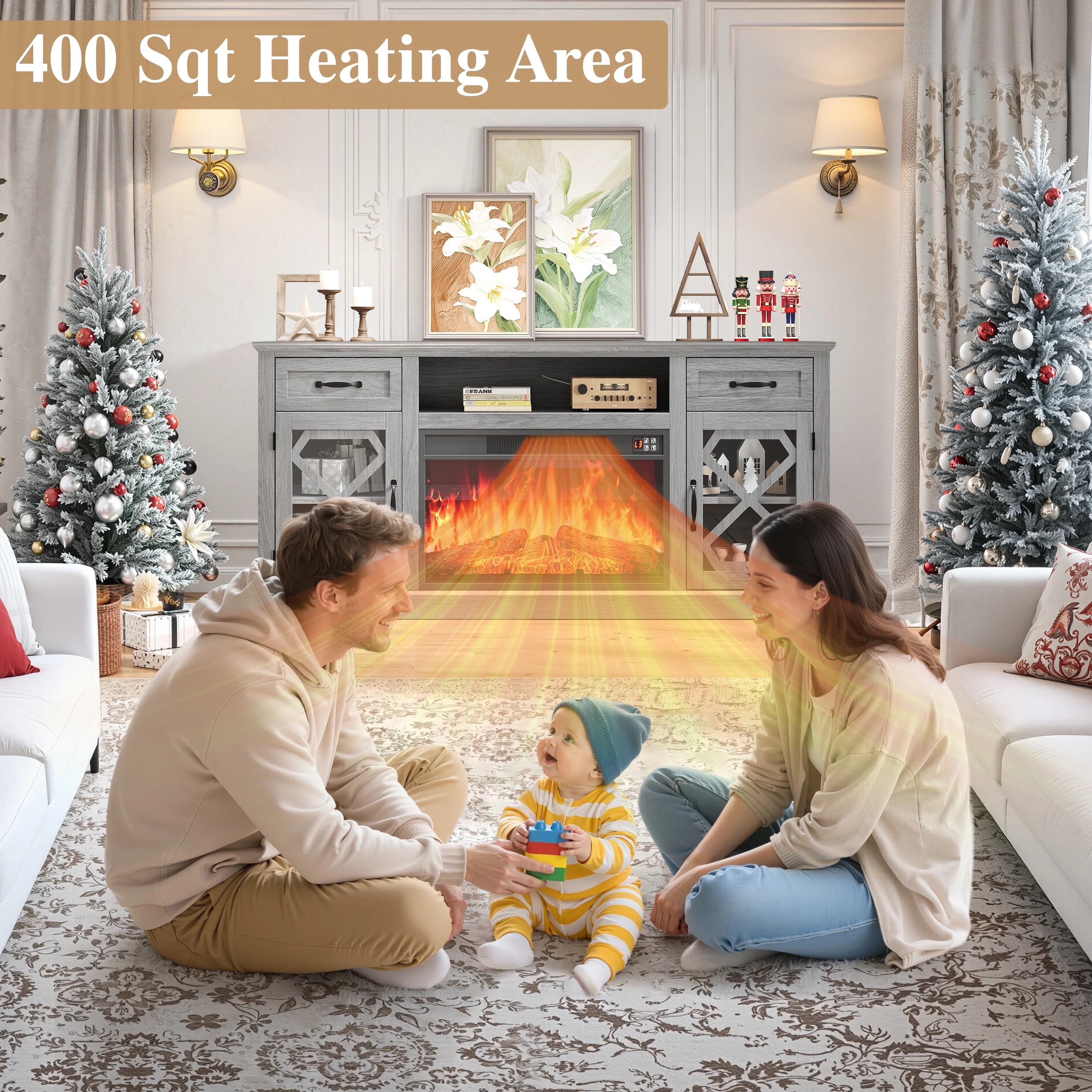 PAPROOS Fireplace TV Stand for 65 Inch TV, Modern Farmhouse TV Cabinet with 23'' Electric Fireplace, Entertainment Center Television Console Table for Living Room, Black+Brown