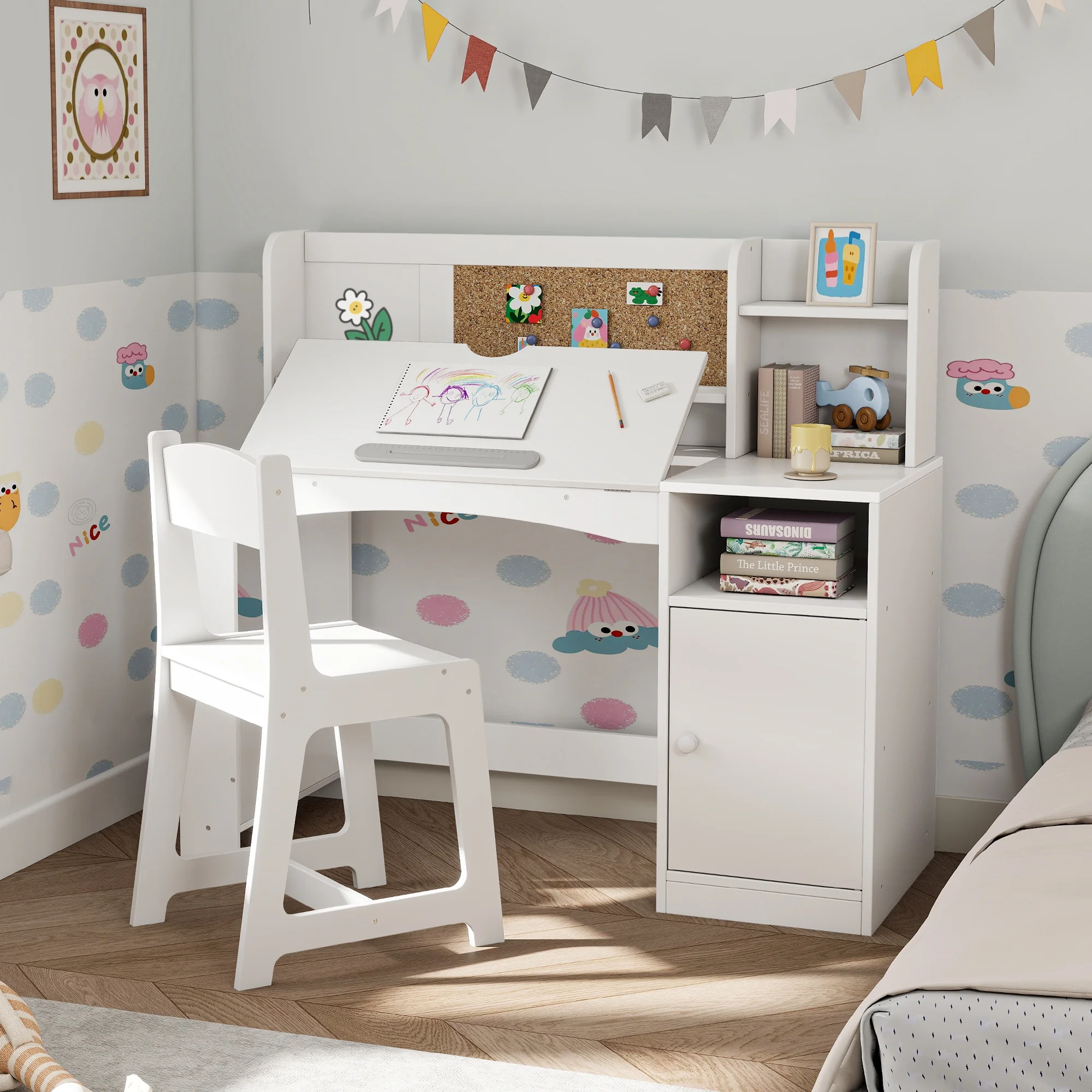 Reasea Kids Study Desk and Chair Set with Tiltable Desktop, Hutch & Storage - Wooden Writing Table for Ages 5-12,White