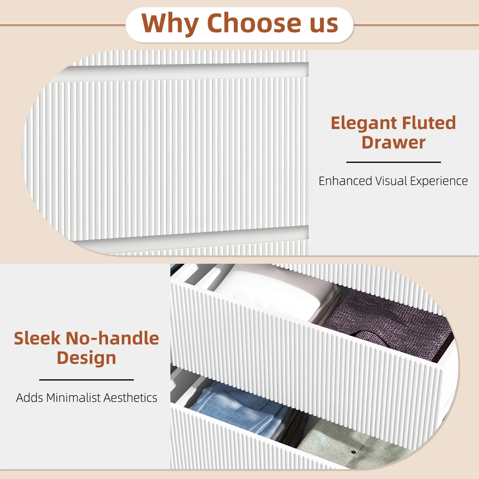 Fluted 6 Drawers Dresser, Wide Modern Chest of Drawers, Curved Profile Design, Dresser TV Stand, Wood Drawer Organizer for Bedroom, Living Room, Hallway