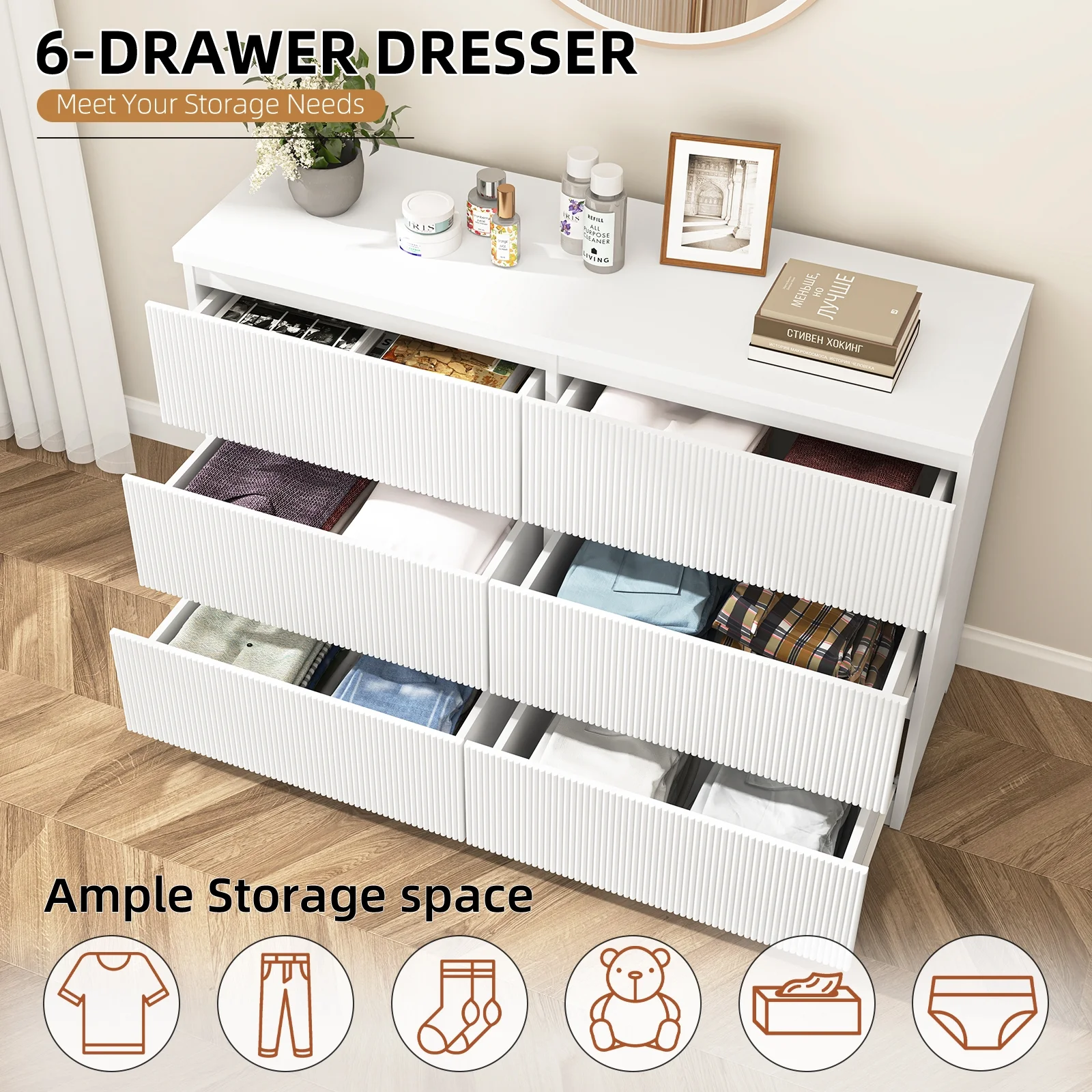 Fluted 6 Drawers Dresser, Wide Modern Chest of Drawers, Curved Profile Design, Dresser TV Stand, Wood Drawer Organizer for Bedroom, Living Room, Hallway