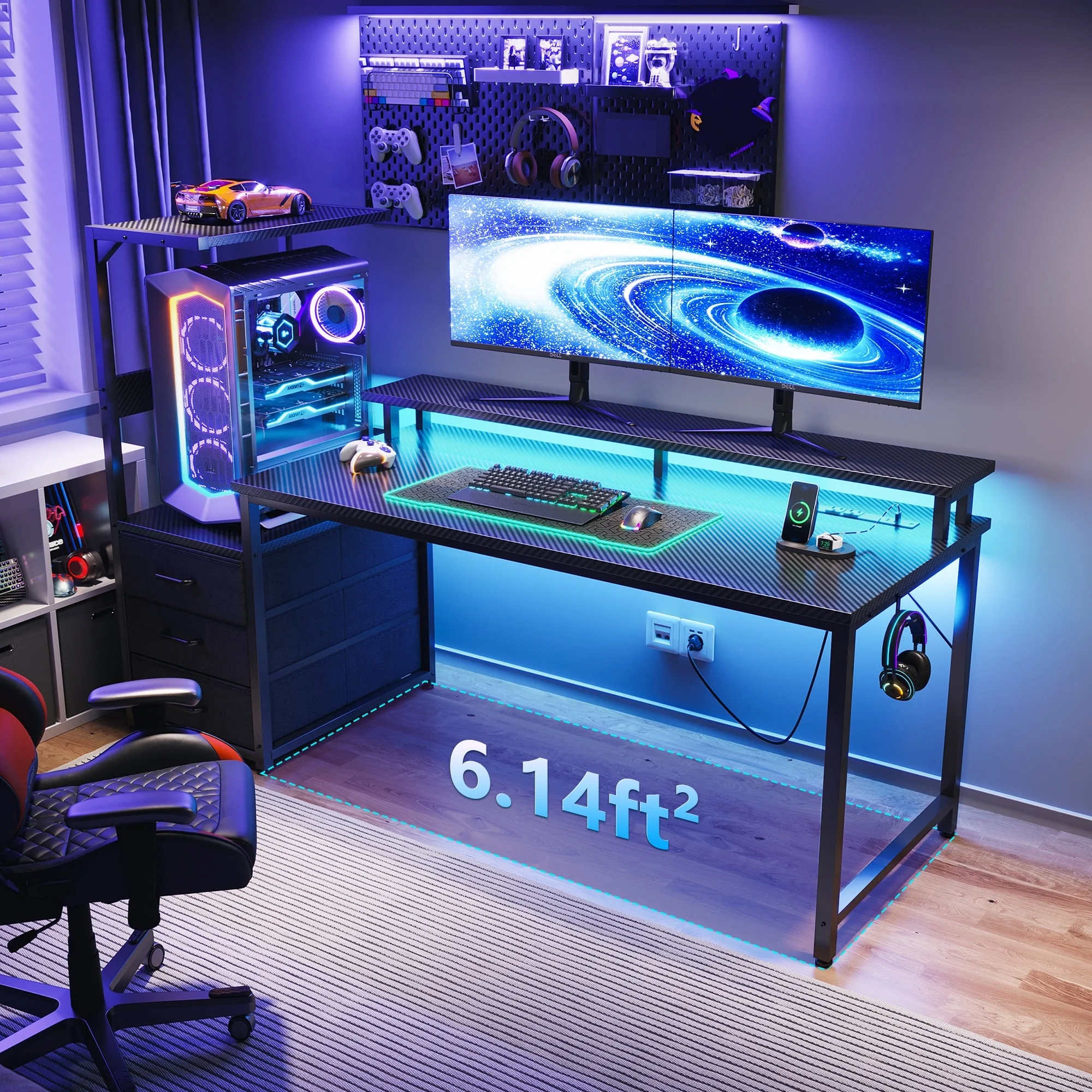 59 inch Gaming Desk with USB Charging Ports & LED Light- Reversible Computer Desk with Storage Shelves & Monitor Stand, Modern Gamer Desk Table with Fabric Drawers & Side Hook, Carbon Fiber Black